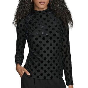 BCBG Women's Long Sleeve Ruched Shoulders Polka Dot Velvet Knit Top
